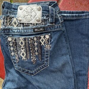 Miss Me Dark Blue Bootcut Jeans with Embroidered Rhinestone Pocket